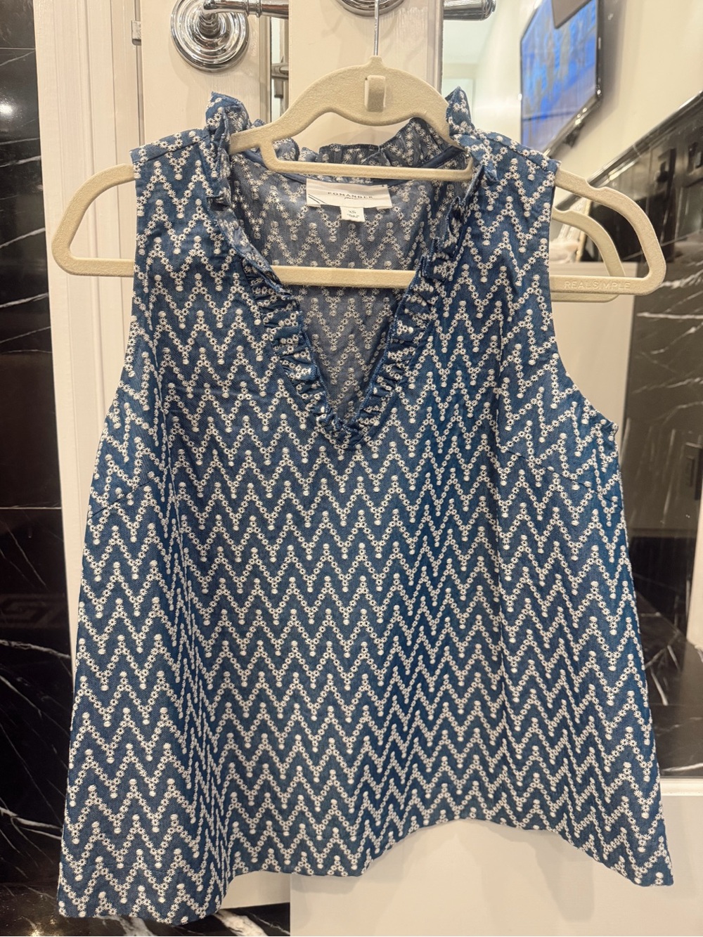 Pomander Place Blue Chevron Ruffle V-Neck Blouse